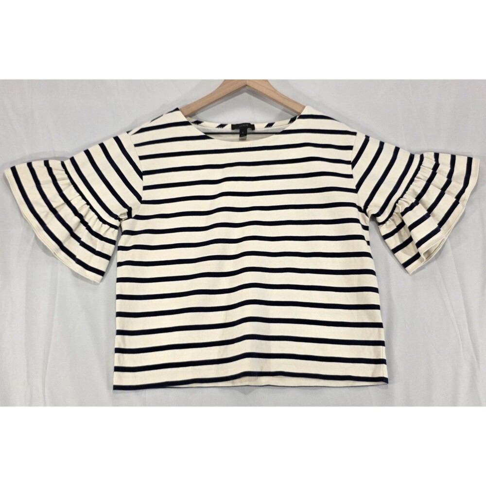 J. Crew Ruffle Sleeve Top Navy Striped Boxy Cotton Jersey Nautical Coastal Prep